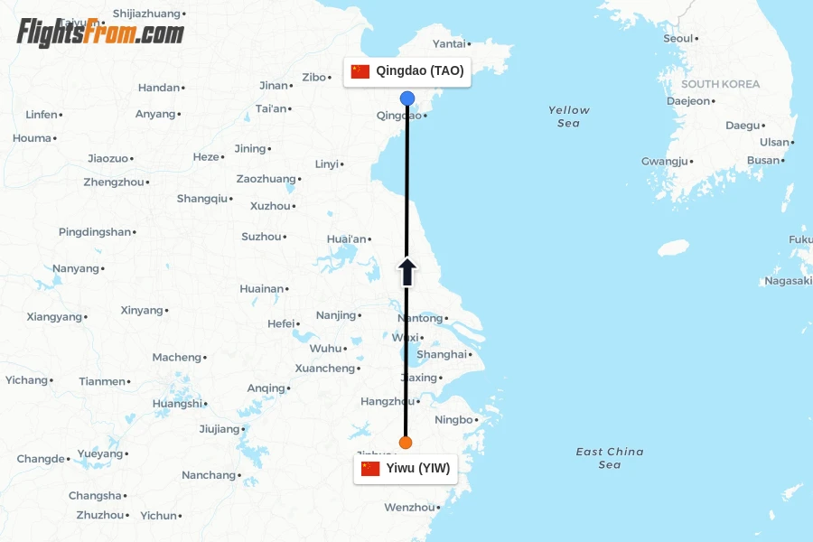 Flights from Yiwu to Qingdao route map