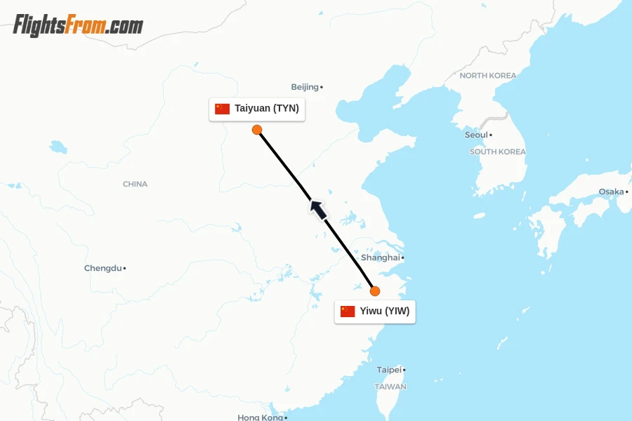 Flights from Yiwu to Taiyuan route map