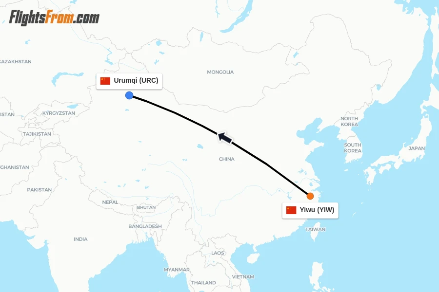 Flights from Yiwu to Urumqi route map