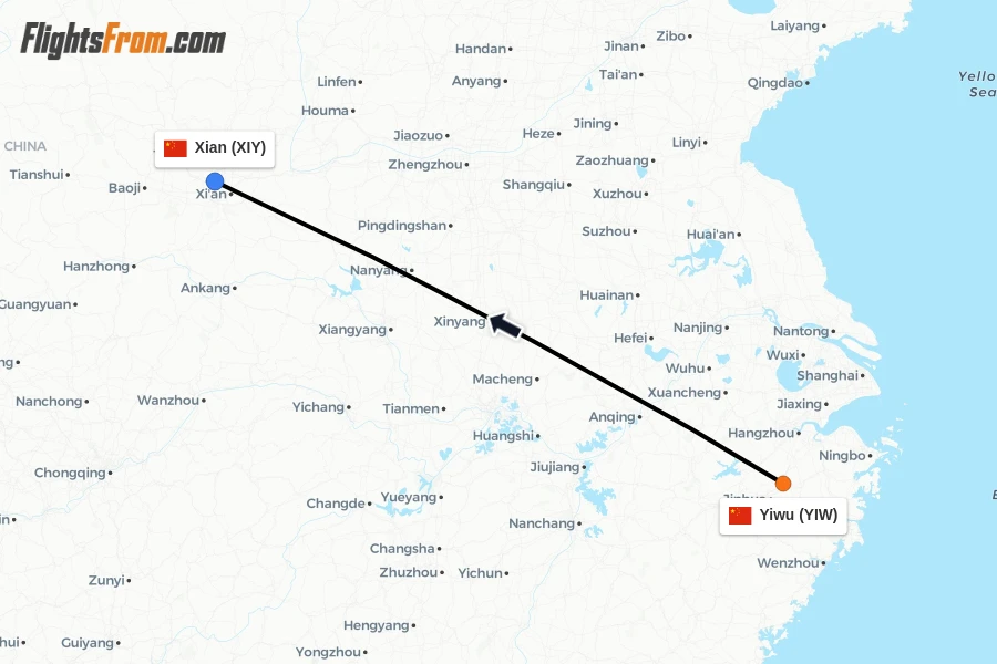 Flights from Yiwu to Xian route map