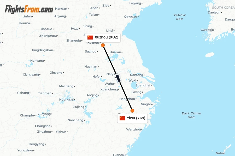 Flights from Yiwu to Xuzhou route map