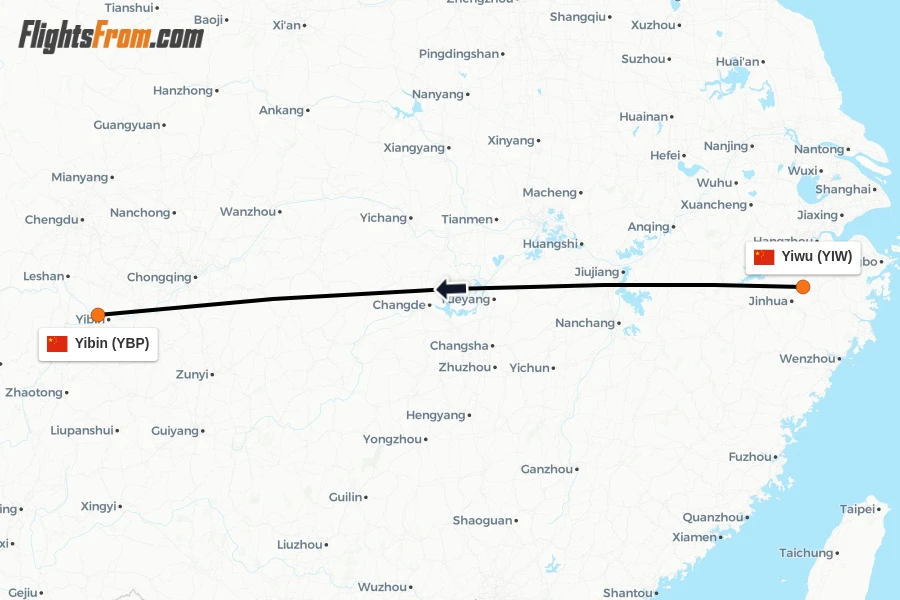 Flights from Yiwu to Yibin route map
