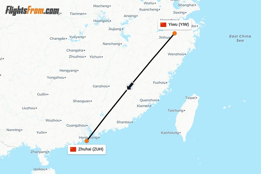 Flights from Yiwu to Zhuhai route map