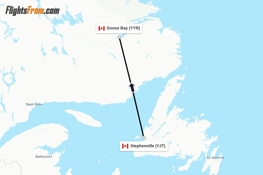 Flights from Stephenville to Goose Bay route map