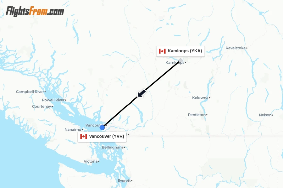 Flights from Kamloops to Vancouver route map