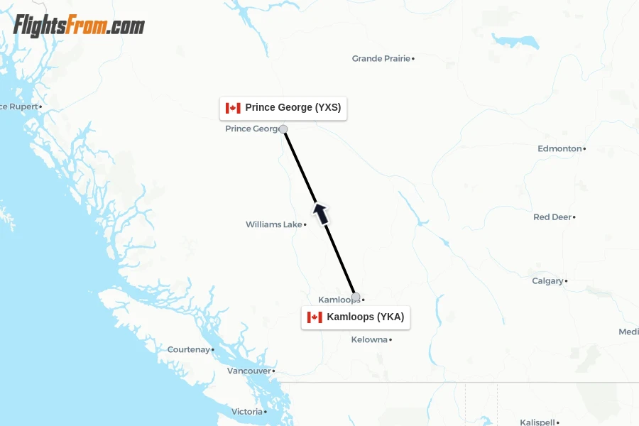 Flights from Kamloops to Prince George route map