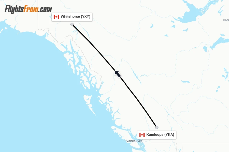 Flights from Kamloops to Whitehorse route map
