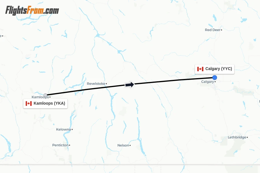 Flights from Kamloops to Calgary route map