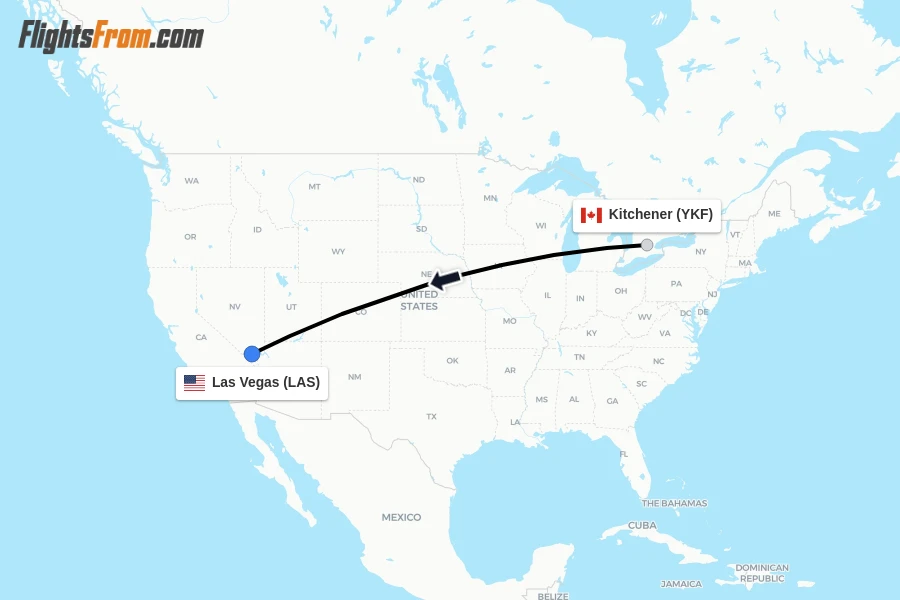 Flights from Kitchener to Las Vegas route map