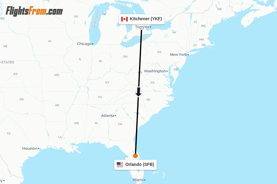 Flights from Kitchener to Orlando route map