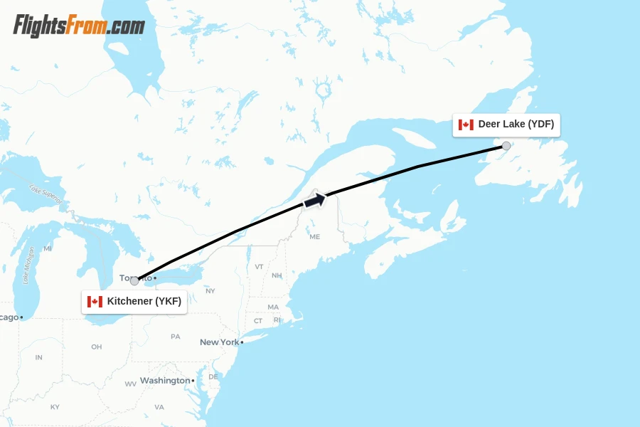 Flights from Kitchener to Deer Lake route map