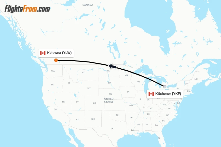 Flights from Kitchener to Kelowna route map