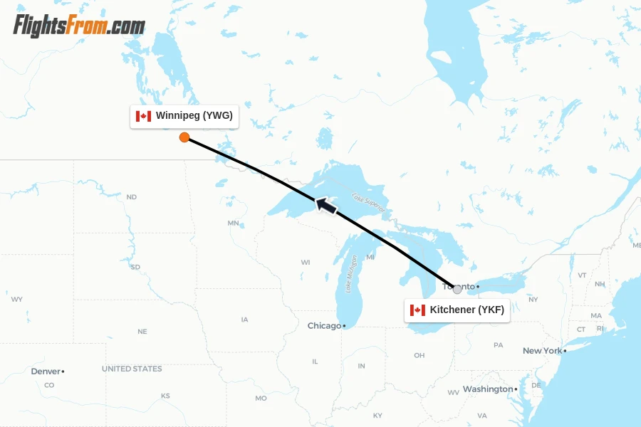 Flights from Kitchener to Winnipeg route map