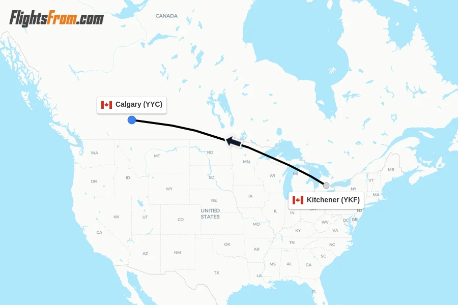 Flights from Kitchener to Calgary route map