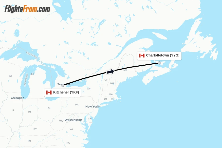 Flights from Kitchener to Charlottetown route map