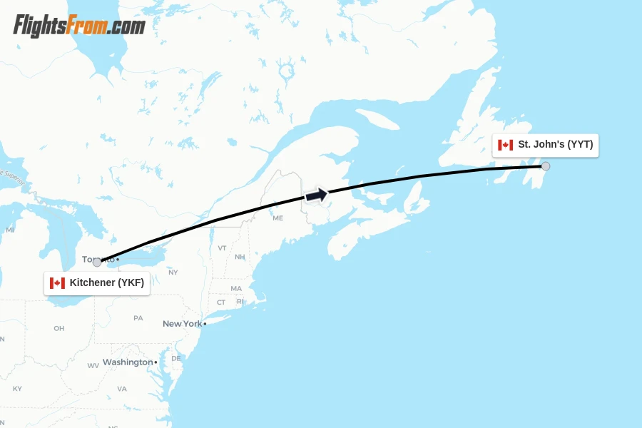 Flights from Kitchener to St. John's route map