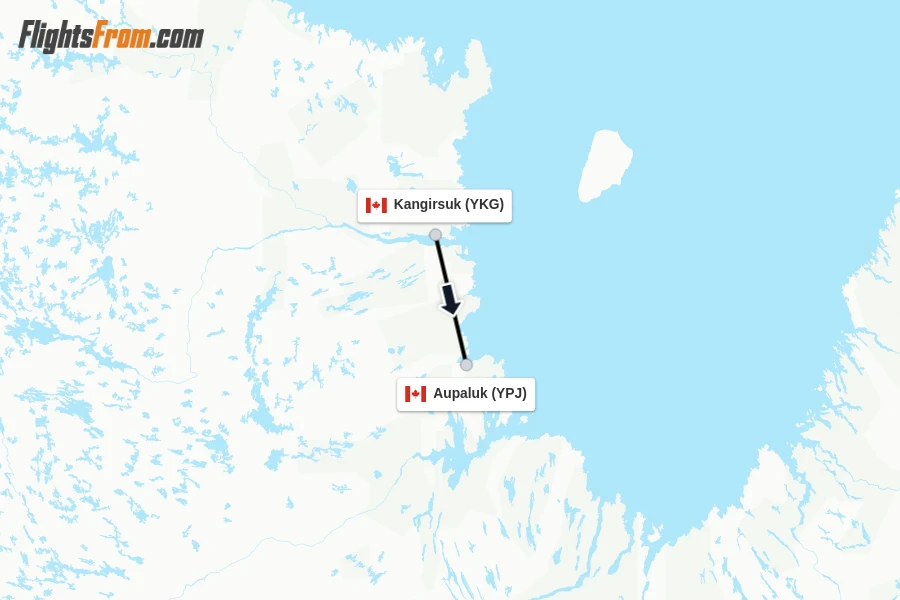 Flights from Kangirsuk to Aupaluk route map