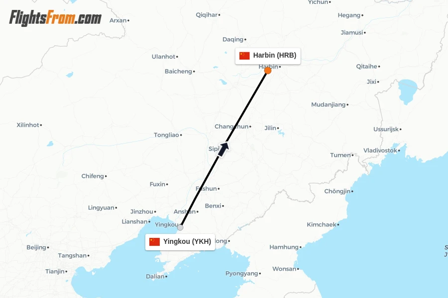 Flights from Yingkou to Harbin route map