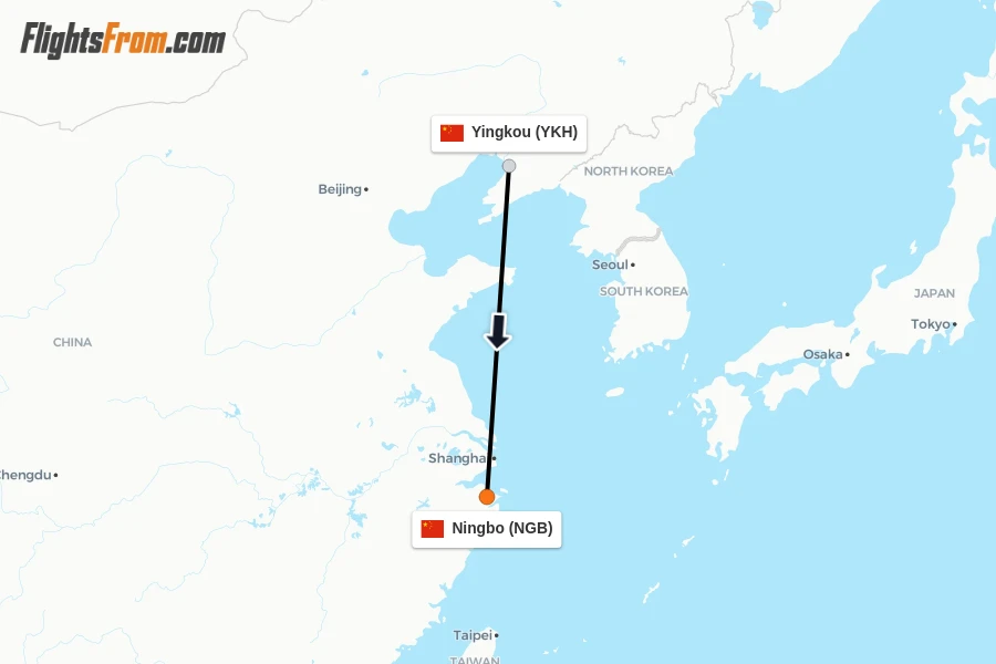 Flights from Yingkou to Ningbo route map