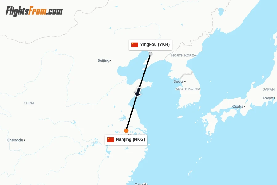 Flights from Yingkou to Nanjing route map
