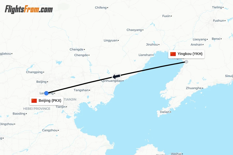 Flights from Yingkou to Beijing route map