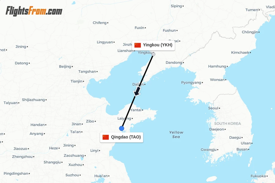 Flights from Yingkou to Qingdao route map