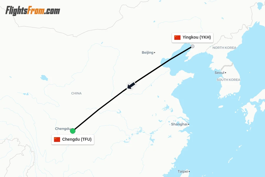 Flights from Yingkou to Chengdu route map