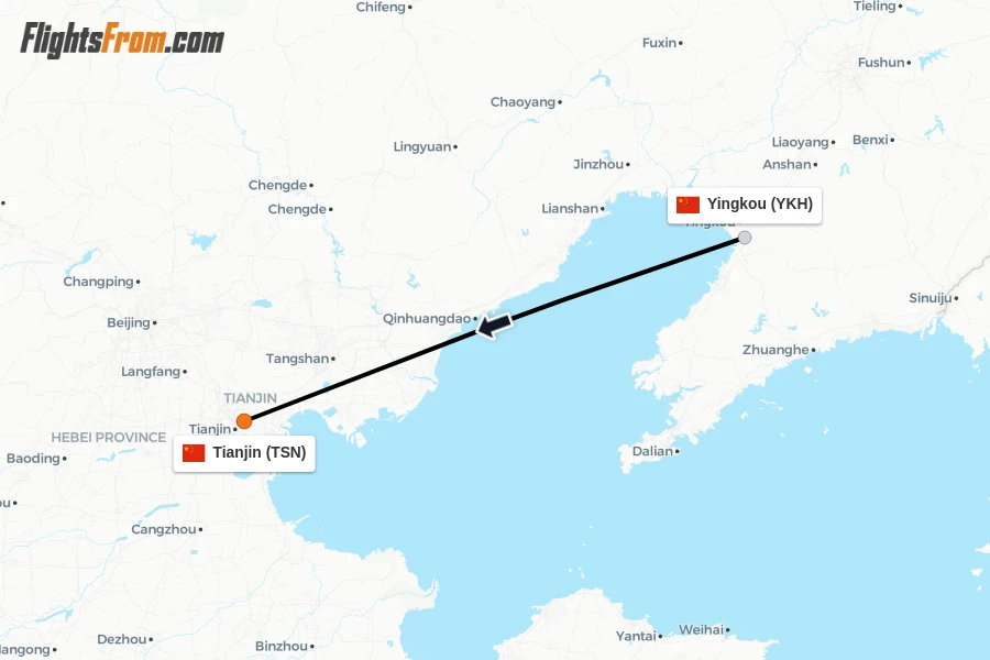 Flights from Yingkou to Tianjin route map
