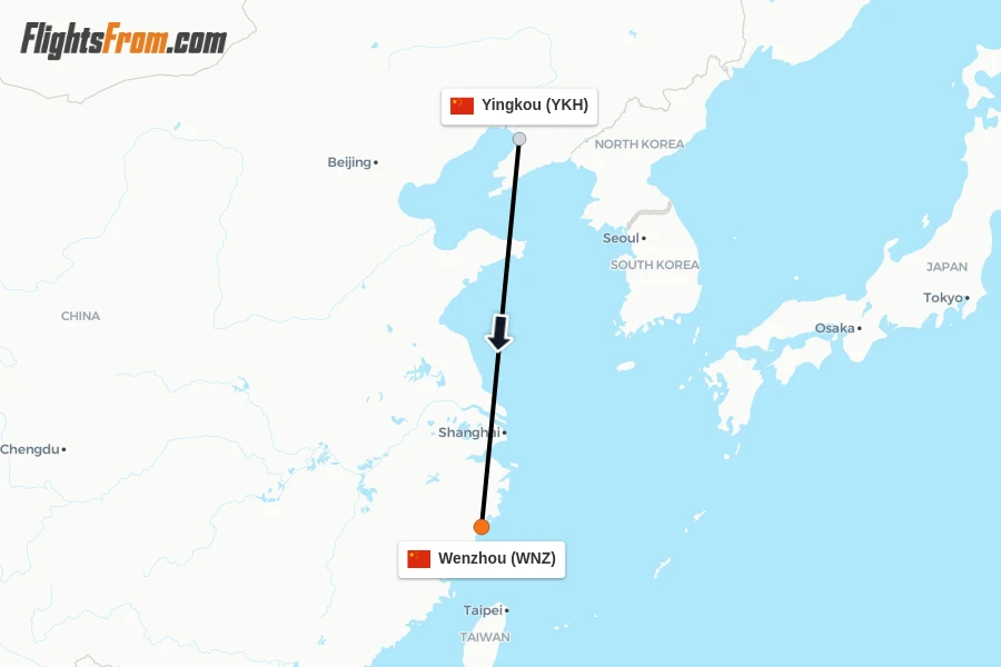 Flights from Yingkou to Wenzhou route map