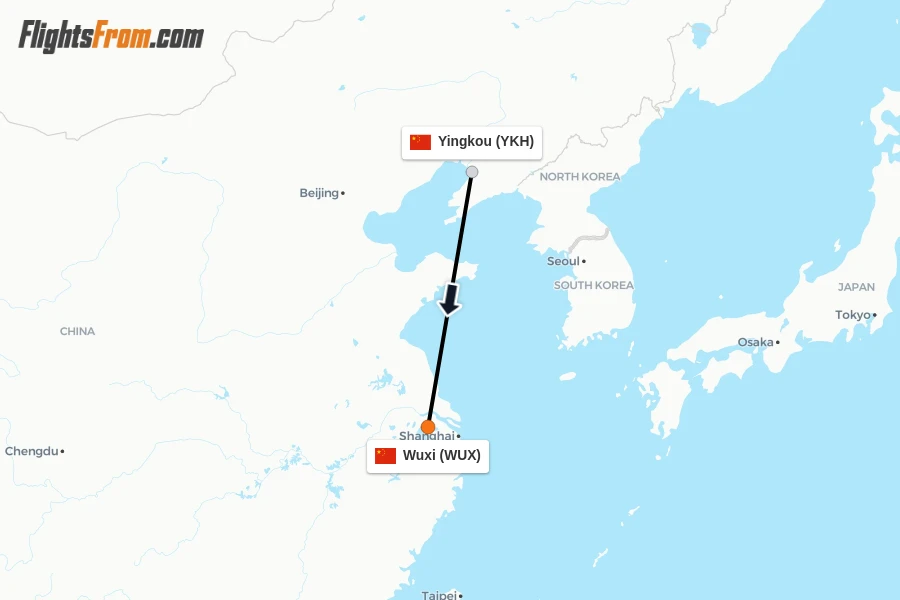 Flights from Yingkou to Wuxi route map