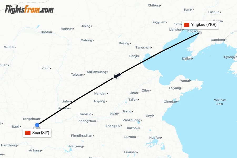 Flights from Yingkou to Xian route map