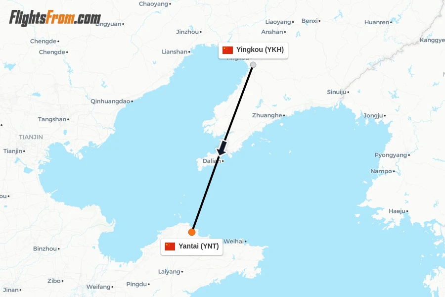 Flights from Yingkou to Yantai route map