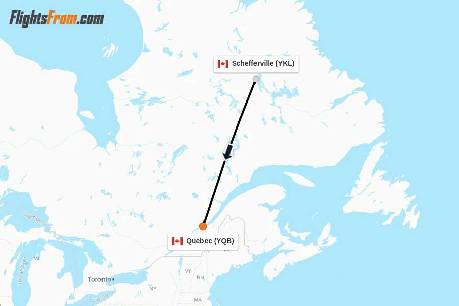 Flights from Schefferville to Quebec route map
