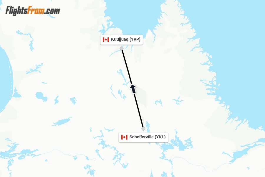 Flights from Schefferville to Kuujjuaq route map
