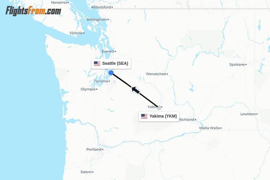 Flights from Yakima to Seattle route map