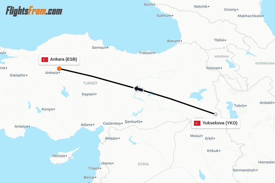 Flights from Yuksekova to Ankara route map