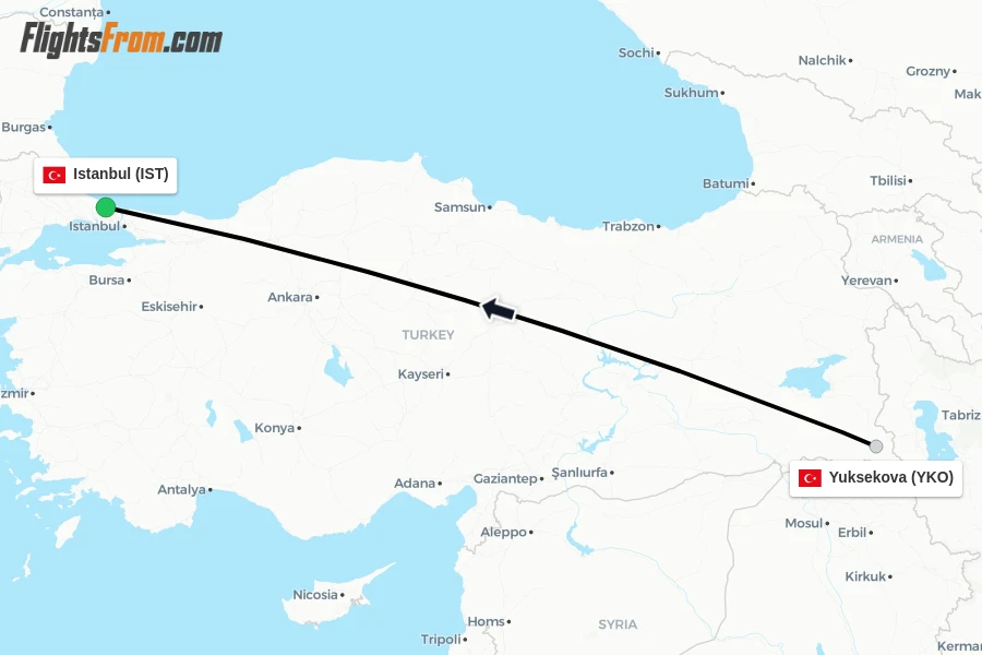 Flights from Yuksekova to Istanbul route map