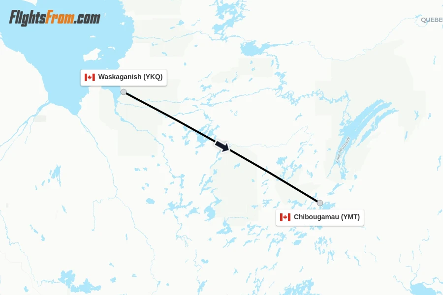 Flights from Waskaganish to Chibougamau route map