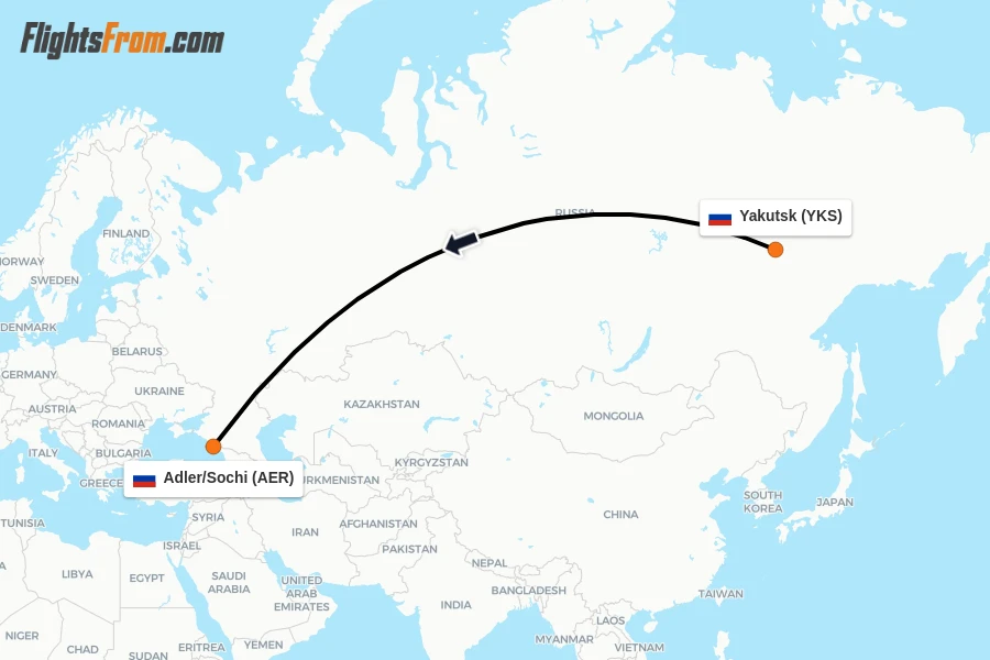 Flights from Yakutsk to Adler/Sochi route map