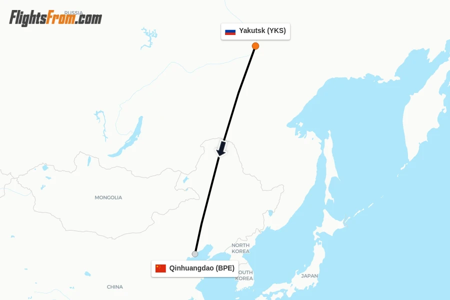 Flights from Yakutsk to Qinhuangdao route map