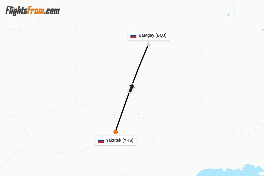 Flights from Yakutsk to Batagay route map