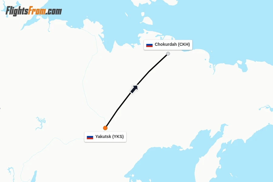 Flights from Yakutsk to Chokurdah route map