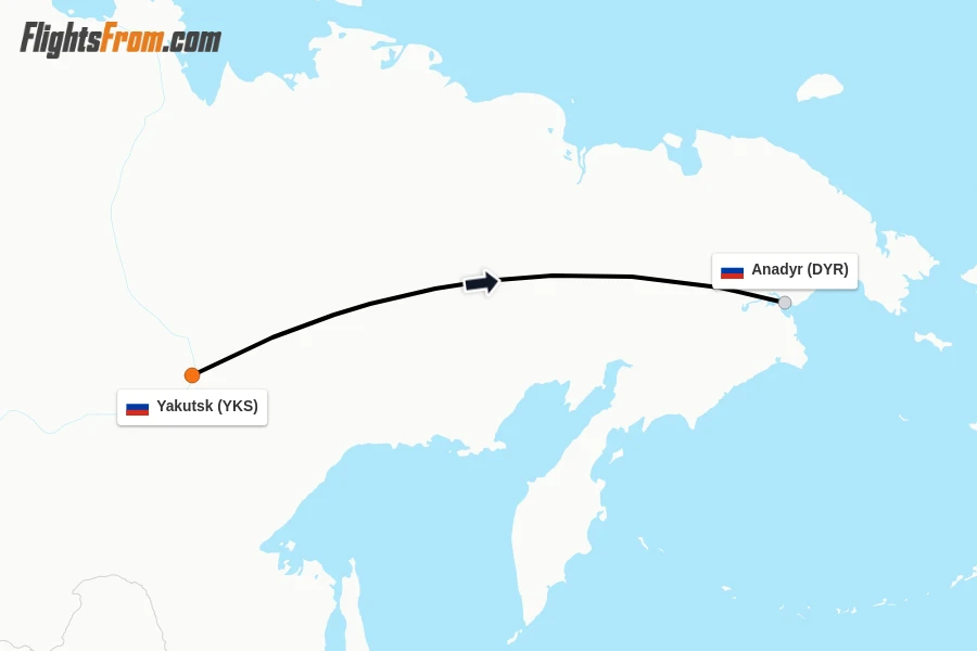 Flights from Yakutsk to Anadyr route map