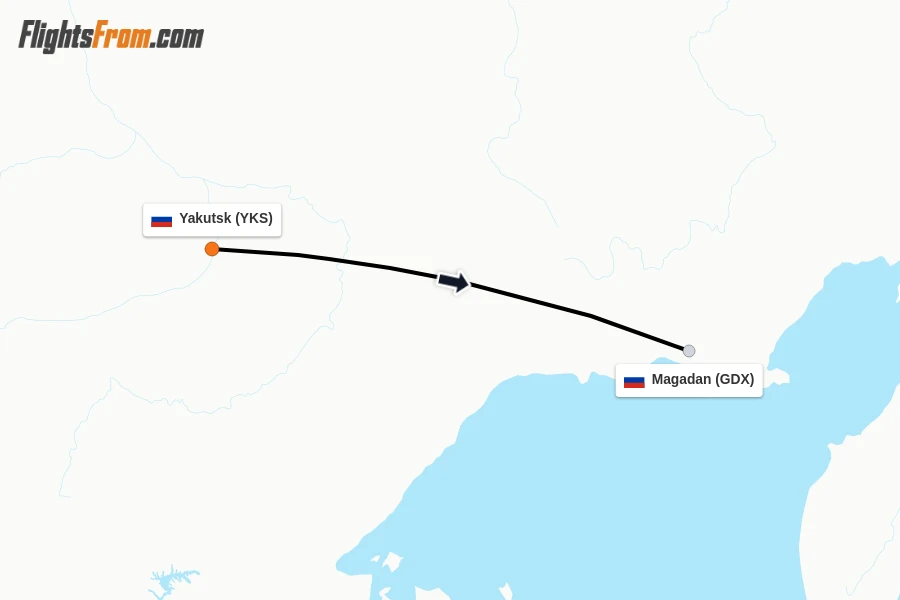 Flights from Yakutsk to Magadan route map