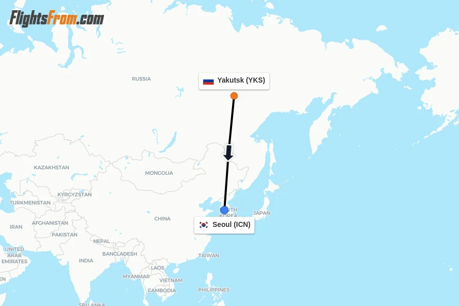 Flights from Yakutsk to Seoul route map