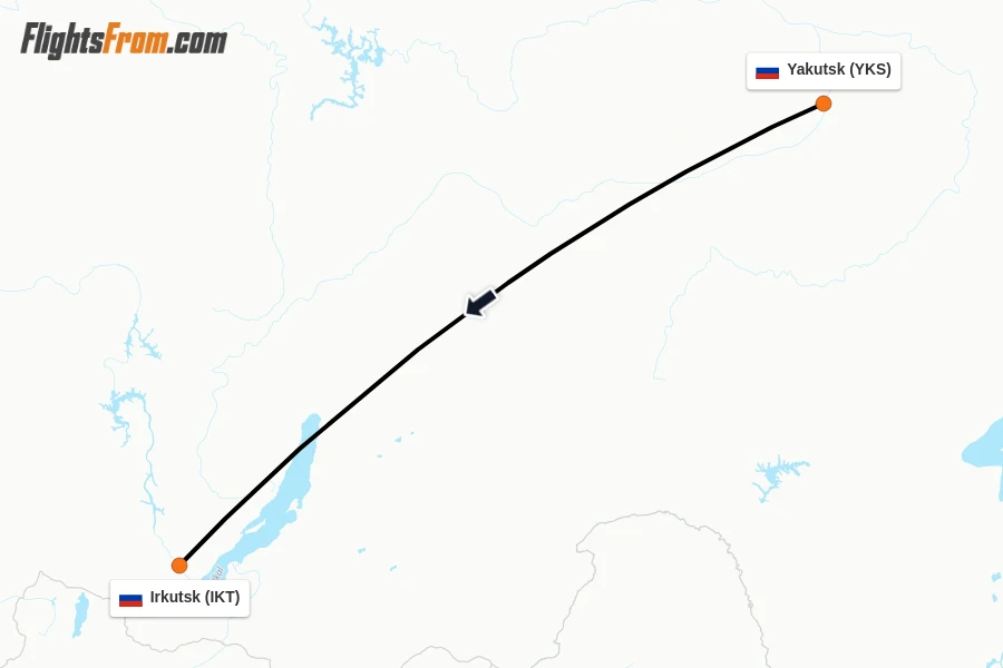 Flights from Yakutsk to Irkutsk route map