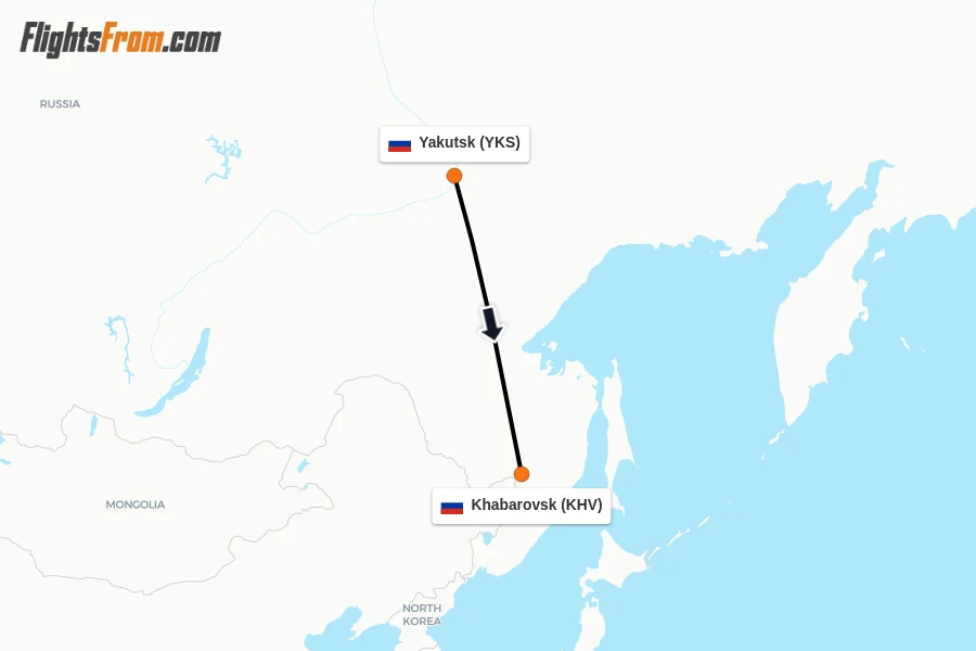 Flights from Yakutsk to Khabarovsk route map
