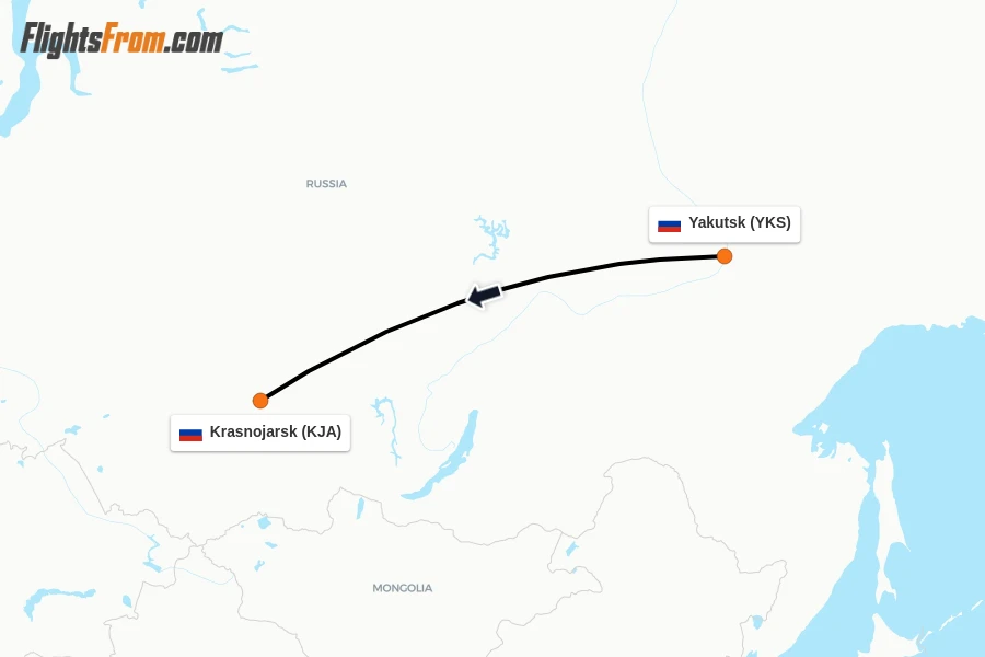 Flights from Yakutsk to Krasnojarsk route map