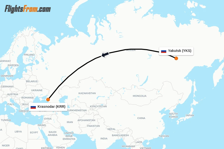 Flights from Yakutsk to Krasnodar route map