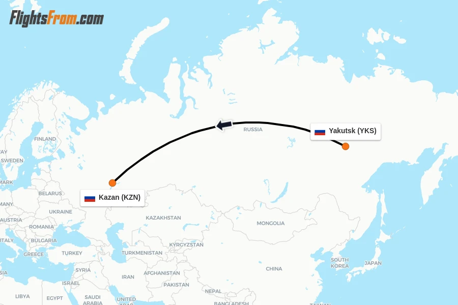 Flights from Yakutsk to Kazan route map